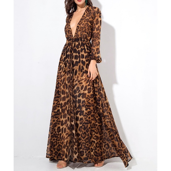 Leopard Print Plunge Chiffon Maxi Jumpsuit Dress - Picture 4 of 5